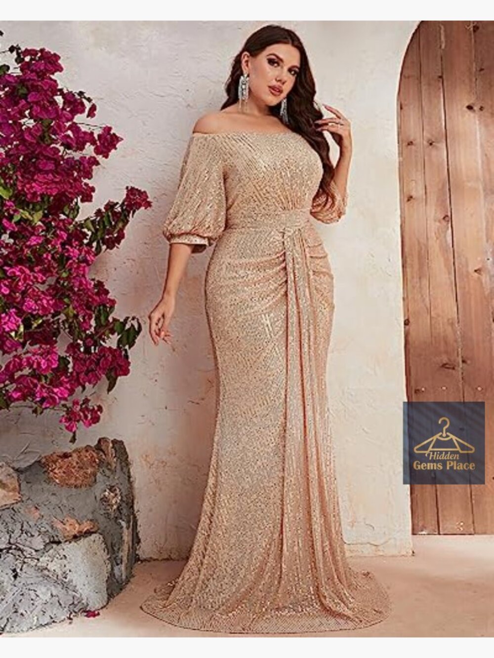 Plus Size Off Shoulder Puff Sleeve Sequin Maxi Dress Formal Evening Gown - Picture 4 of 6